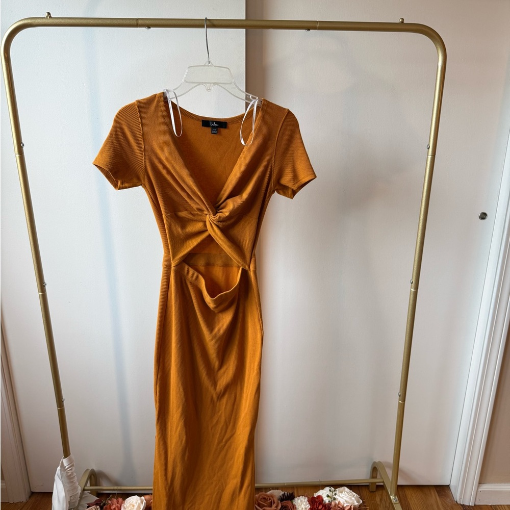 Lulu's Orange Ruched Bodycon Midi Dress